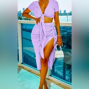 Eyelet Embroidery Knot Front Top & Asymmetrical Hem Skirt